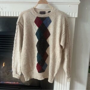 VTG Hunting Horn Women Sz L 100% Wool Argyle Sweater Pullover Cream Classic